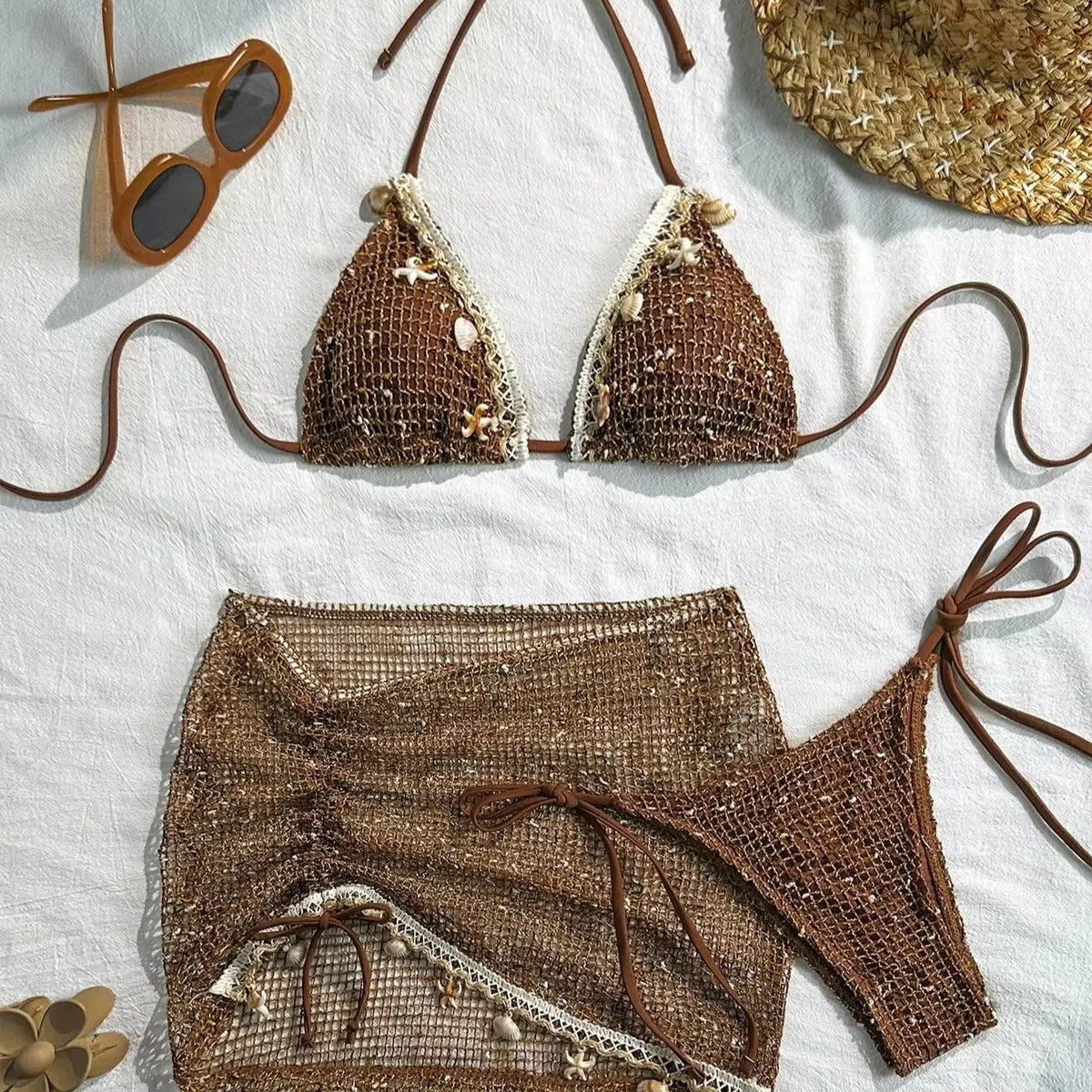 DEKA Knitted Mesh Halter Tie 3 Pieces Bikinis Sets with Package Skirt Swimsuits Beachwear Swimwear Biquini Купальник Женский