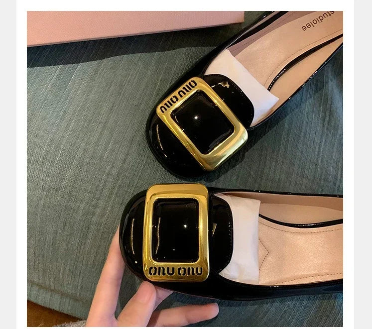 Women Pumps Fashion Square Heel Sexy High Heels Wedding Shoes Ladies Round Toe Metal Buckle Party Chunky Shoes Zapatillas Mujer