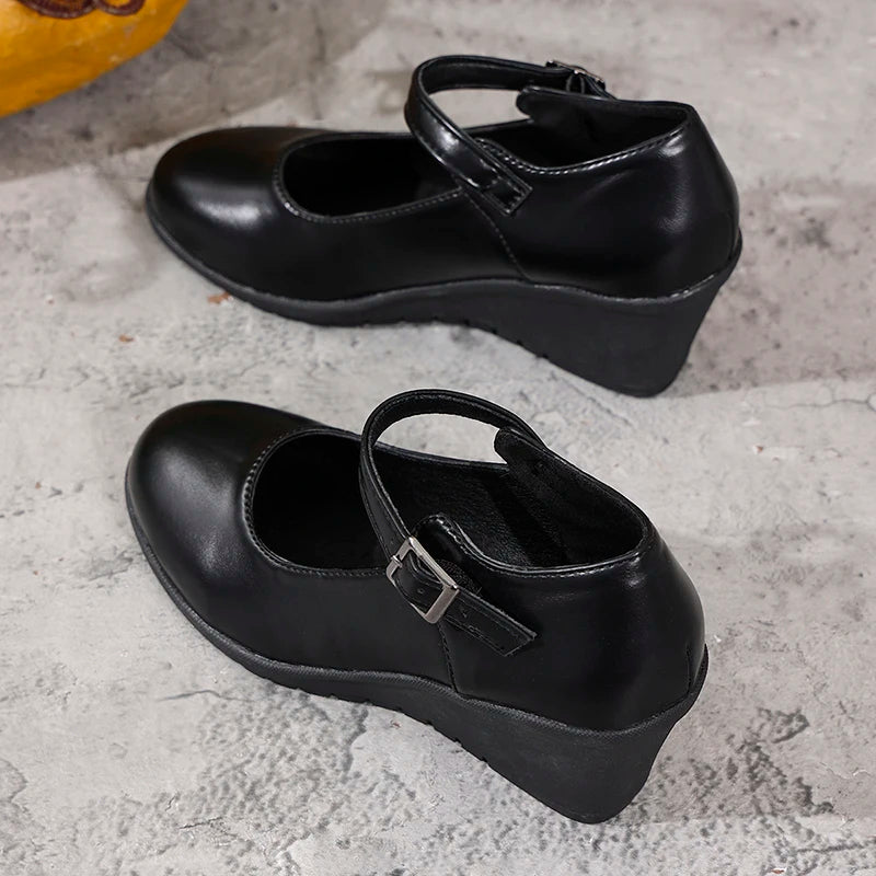 2026 New Ankle Buckle Wedges Heel Pumps Women Black Pu Leather High Heels Mary Jane Shoes Woman Plus Size 42 Office Pumps Ladies
