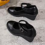 2026 New Ankle Buckle Wedges Heel Pumps Women Black Pu Leather High Heels Mary Jane Shoes Woman Plus Size 42 Office Pumps Ladies