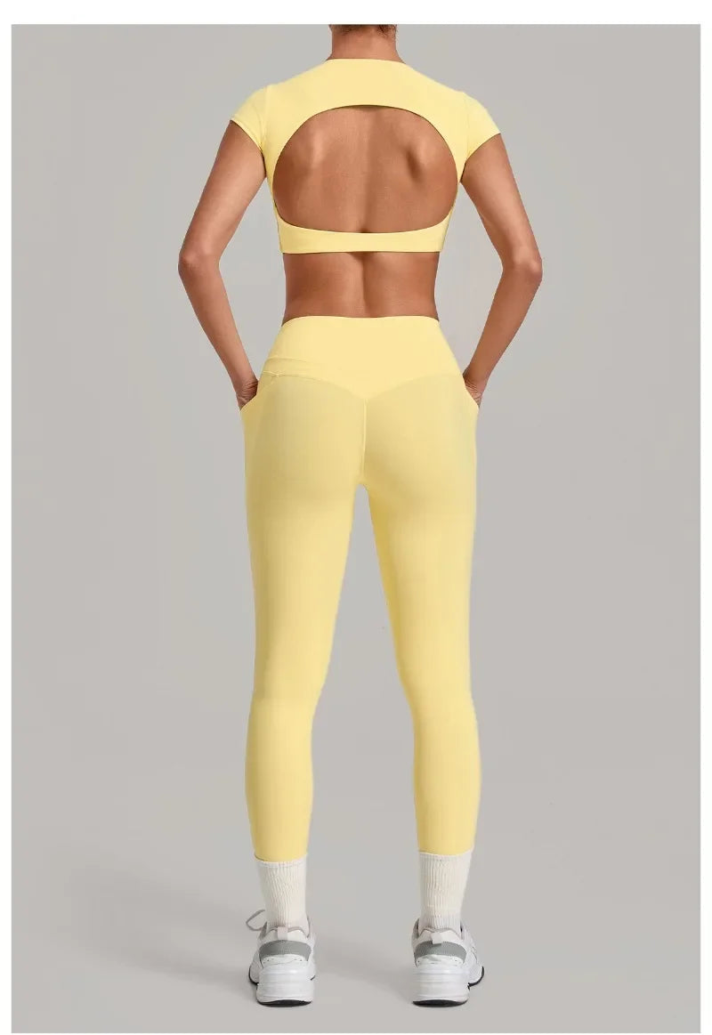 Women's Seamless Yoga Sets Sports Running High Waist Hip-lifting Pants Backless Short-sleeve Suits Workout Fitness Leggings Sets