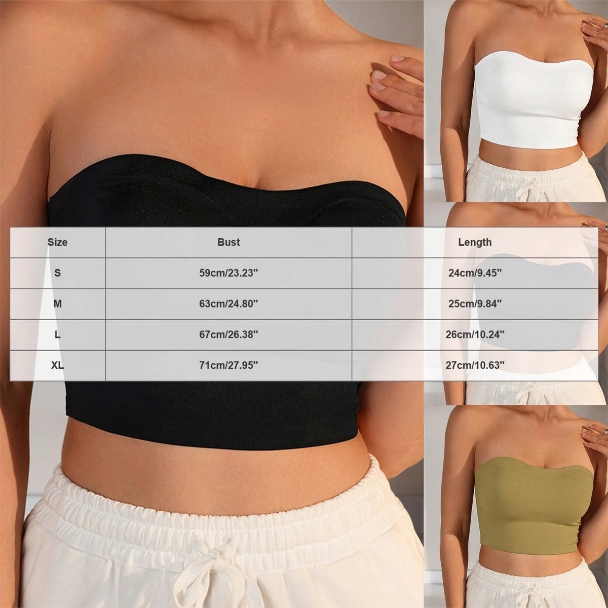 Women Strapless Bandeau Top Solid Color Sleeveless Cropped Tube Top Slim Fit Casual Bralette For Summer Invisible Wireless Bras