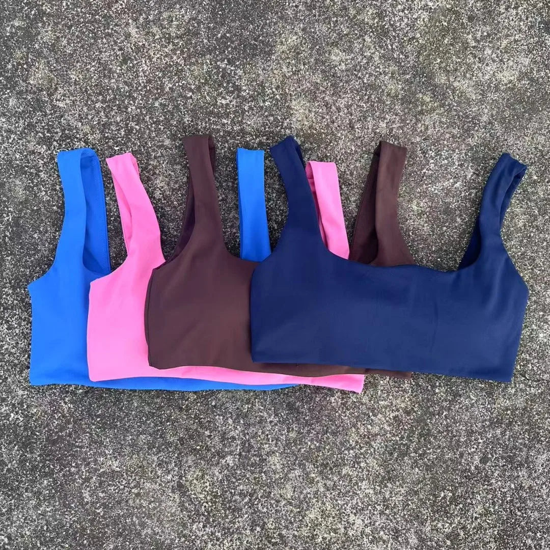 Solid Color Butter Square collar Soft Gym Yoga Underwear Women Hollow back shoulder strap Fitness Vest sport Bra Top With pad
