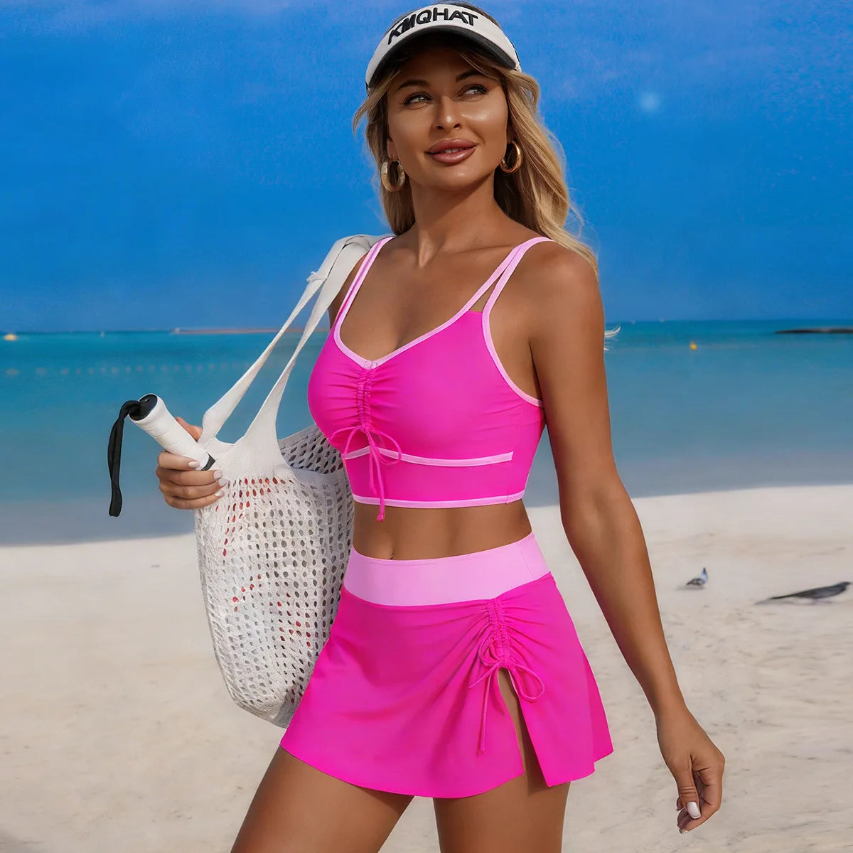 Vintage Black Patchwork Bikini Set 2026 Women Drawstring Pleate Push Up Sports Bra Swimwear Skirt High Waist Two Piece Swimsuit