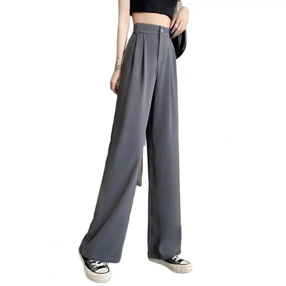 Women High Waist Straight Wide Leg Pants Solid Color Suit Pants Elastic Slant Pockets Loose Office Trousers