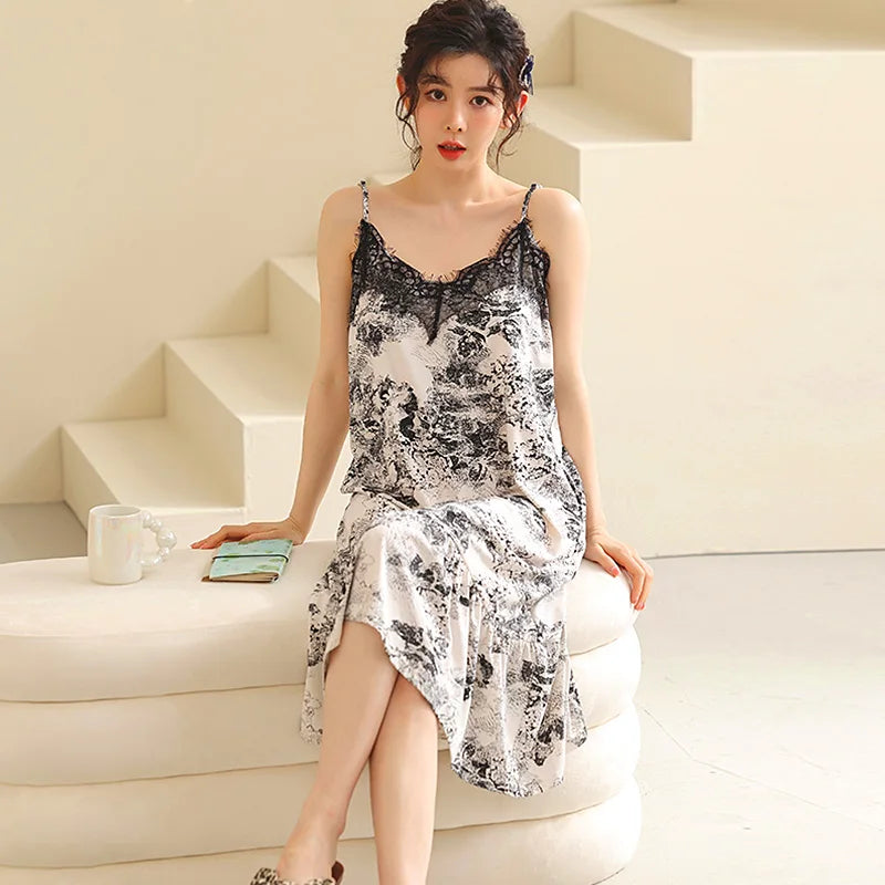 Summer Pajamas Lace Sling Camisolas Night Dress Plus Size Modal Lingerie Sleep Dress for Women Nightgown Retro Sexy Dress