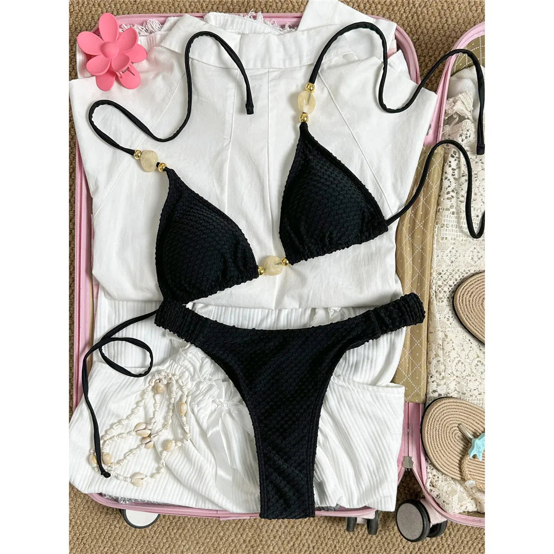 Wrinkled Crinkled Halter Bikini Female Swimsuit Women Swimwear Two-pieces Bikini set Brazilian Bather Bathing Suit Swim V8134