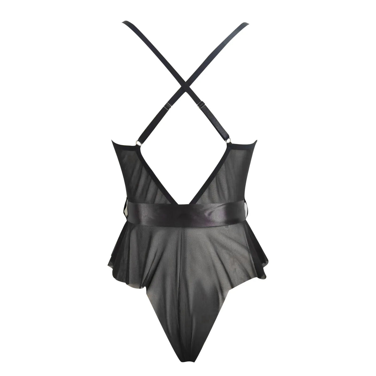 Sexy See Through Lingerie Woman Lace Transparent Underwear Bodysuits Deep V Neck Ruffle Hem Satin Bow Sheer Mesh Teddy Body Suit