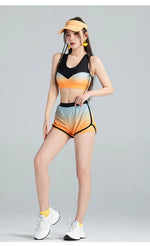 Long Sleeve Rash Guard Women Colorblock Two Piece Swimsuit Crop Top Swimwear High Neck Bathing Suits Zipper Surfing Suits Shorts