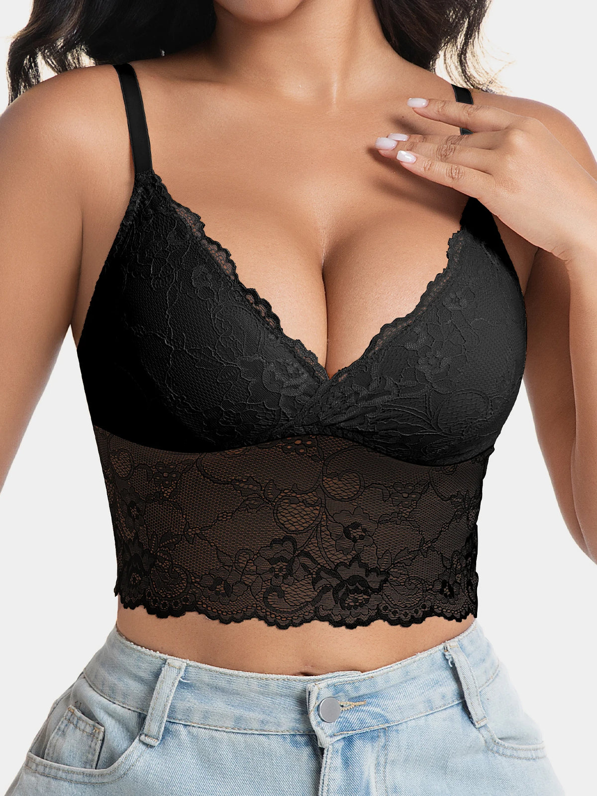Women's Sexy V-Neck Lace Pattern Splicing Camisole Lightweight Wireless Unpadded Adjustable Straps Soft Lace Hollow-Out Back