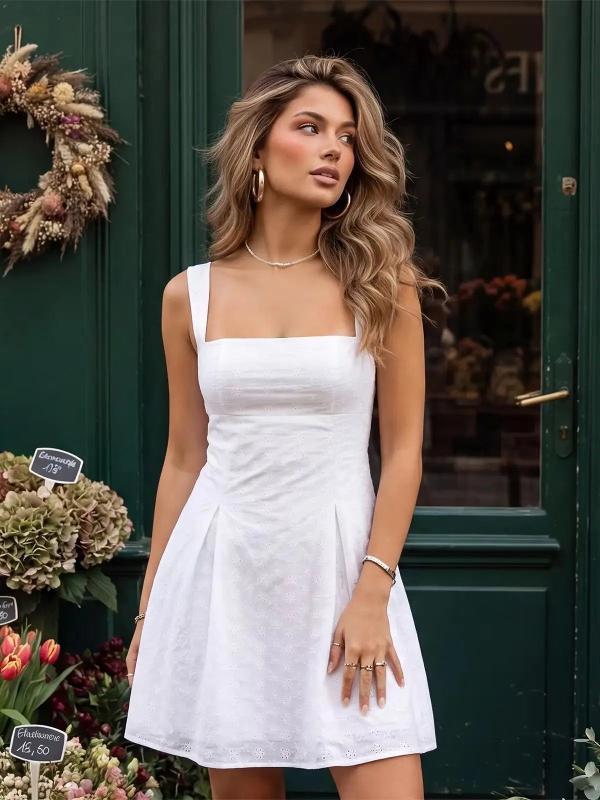 2026 Summer Women's Floral Eyelet White Cami Dress Sleeveless Square Neck A-line Dress Beach Bohemian Retro Sundress