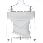 FDYOUI Woman Clothing Slash Neck T-shirts 2026 Summer Sleeveless Lace Patchwork White T Shirt Y2K Girls Irregular Corset Tee Top