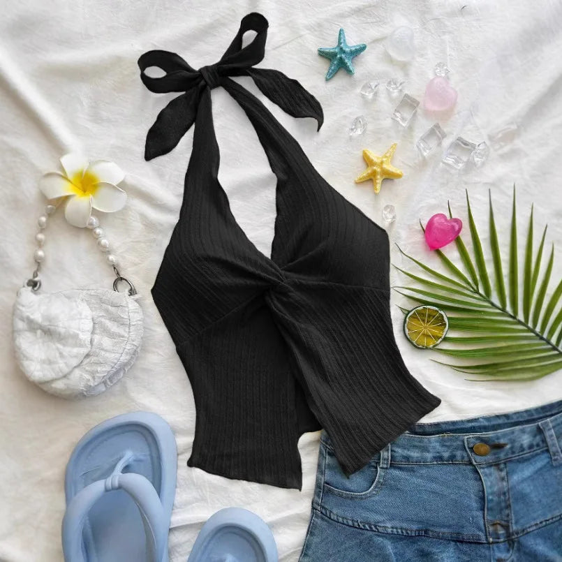Sweet Bow-Tie Neckline Halter Topfor Women Hot Girl Solid-Color Cropped Knit Tank Top Summer Beach Outfit Female Clothes