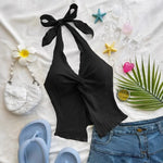 Sweet Bow-Tie Neckline Halter Topfor Women Hot Girl Solid-Color Cropped Knit Tank Top Summer Beach Outfit Female Clothes