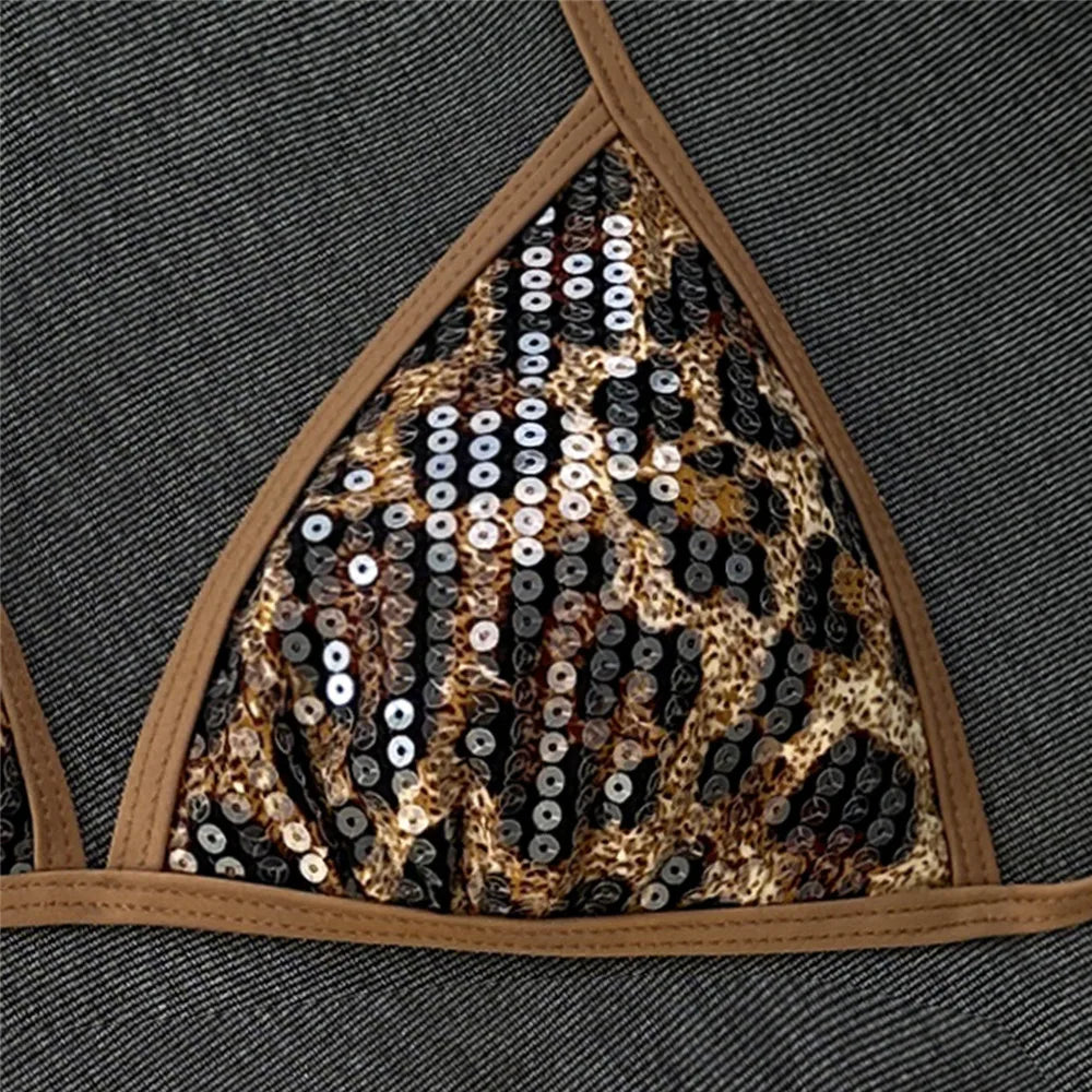 Sexy Brown Leopard Sequin Swimwear Halter String Triangle Bikini Femmes Women 2026 Micro Thong Swimsuit Bikinis Sets De Mujer
