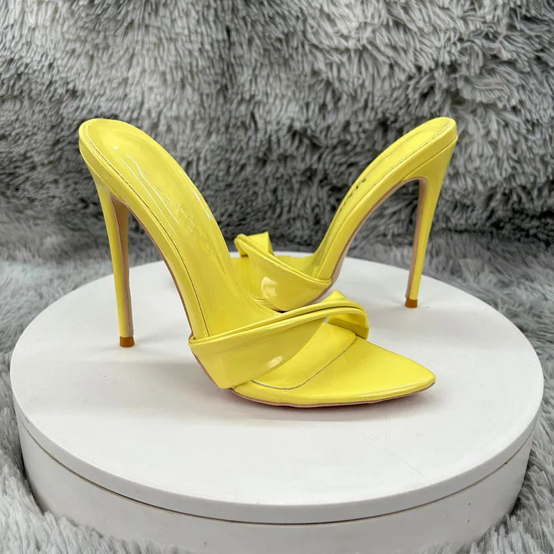Women's Yellow Patent Leather Pointed Toe Stiletto Mules - Twisted Strap High Heel Sandals for Party, Summer & Evening