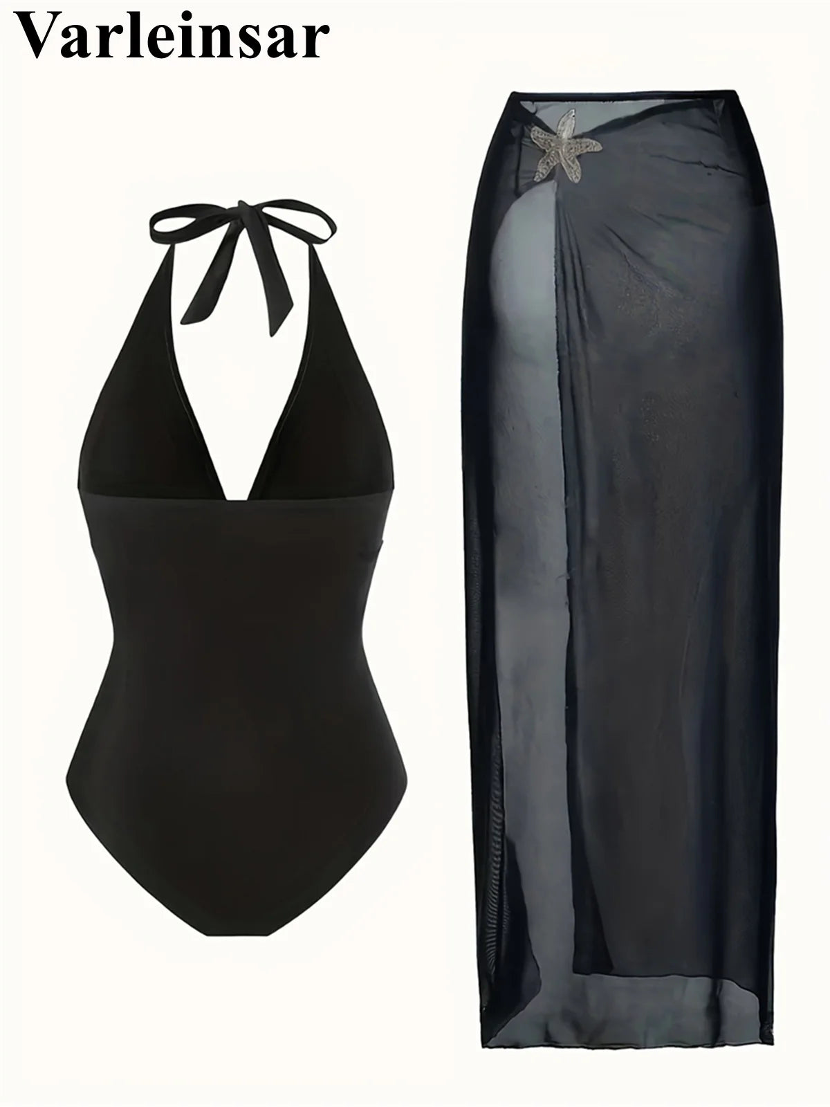 S - XL New With Skirt Deep V Neck Halter One Piece Swimsuit Women Swimwear Female Starfish Padded Bather Bathing Suit Swim V7977