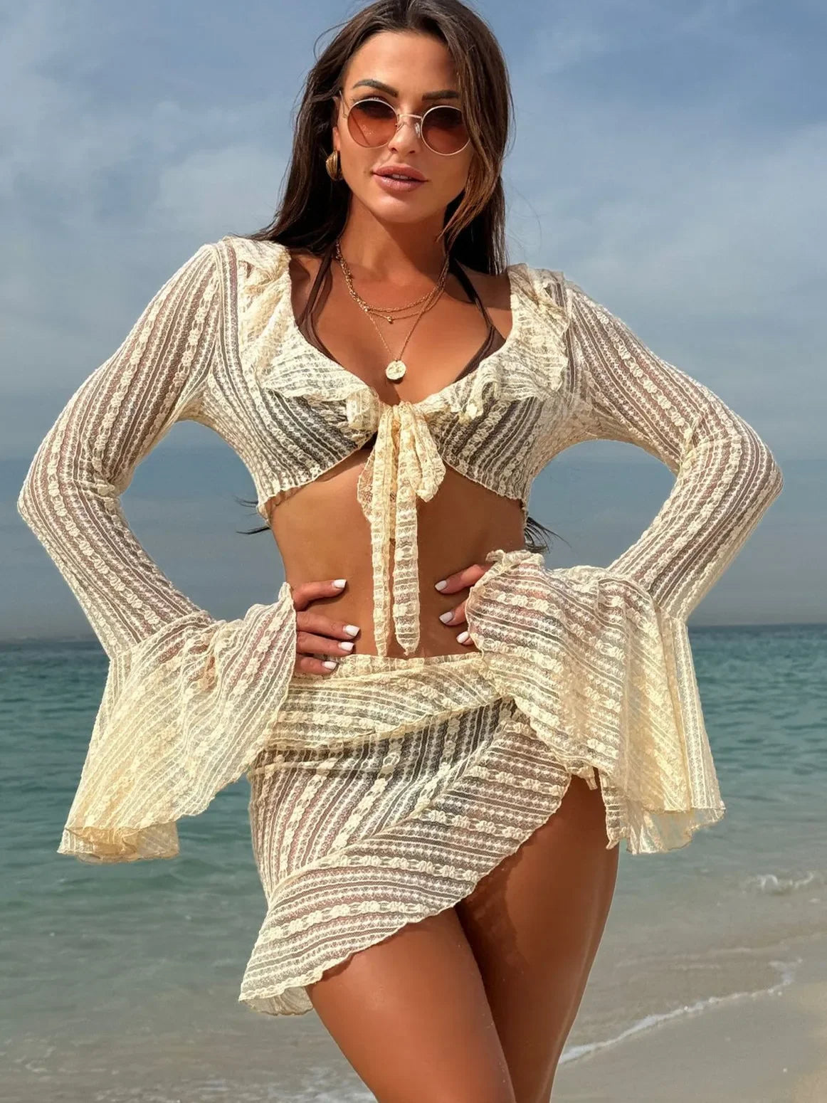 Sexy 4 Pieces Bikinis Sets Women Mesh Long Sleeve Cover Up Beach Skirt Swimwear Holiday Beach Bathing Suit Patchwork Swimsuit