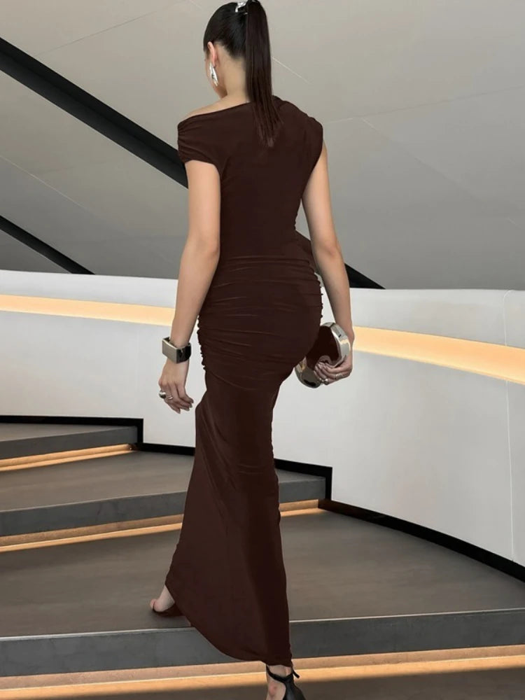 FDYOUI Woman Clothes Diagonal Collar Ruched Brown Long Dresses 2026 Summer Lady Chic One Shoulder Sleeveless Tunics Party Dress