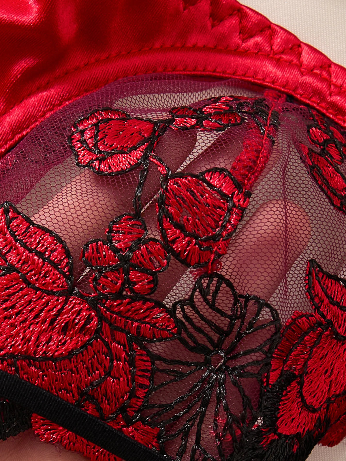 3/4 cup gathered satin lace lingerie set - red rose embroidered netting sheer women's bra and panties set ZA825127