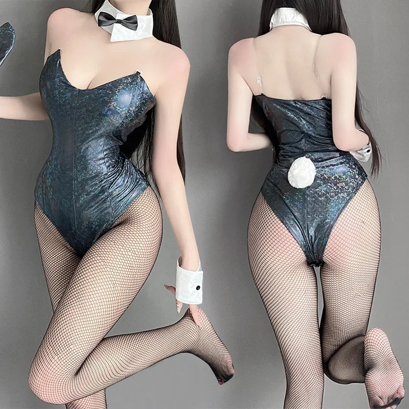 Bunny Girl Costume Women Sexy Cosplay Lingerie PU Faux Leather Bodysuit with Tie Headband Set Kawaii Rabbit Suit Uniform
