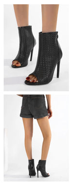 Big Size 42 Sexy Black Hollow Out Summer Boots Women Chic Peep Toe Thin High Heels Zip-up Ankle Boots Party Shoes