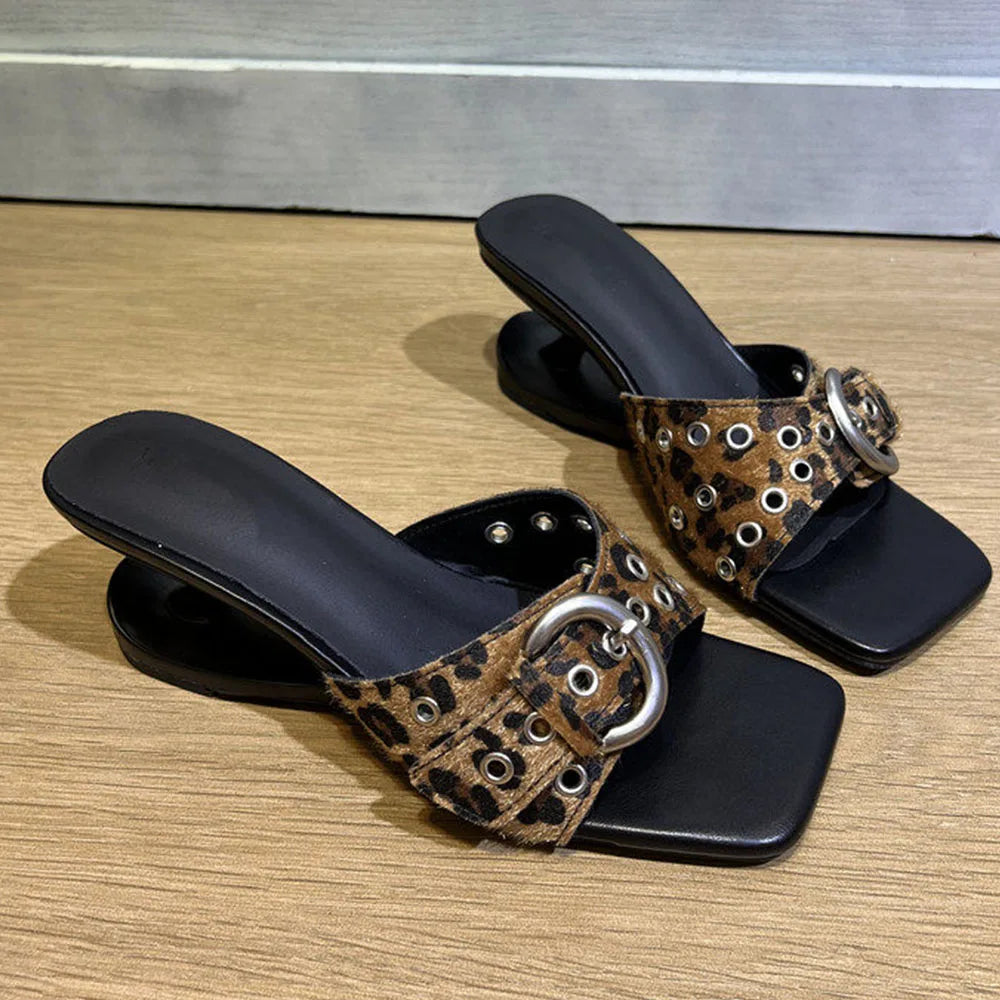 Women's Vintage y2k Leopard Slide Mules Sandals Unique Curved Hollow Sculpted Wedge Heel Slip On Designer Heels Shoes Size 43