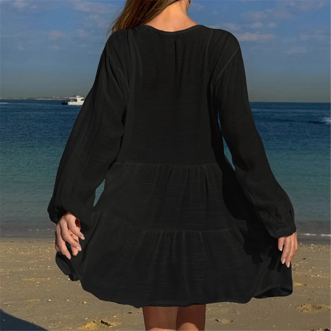 2025 Long Sleeve Hollow Out Crochet Knitted Tunic Beach Cover Up Cover-ups Beach Dress Beach Wear Beachwear Female Women K6674