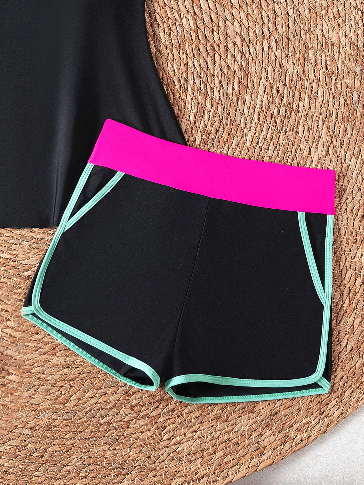 Black White Patchwork Tankini Set Swimwear Women 2026 Double Strap Push Up Tank Top High Waist Pocket Short Two Piece Swimsuit