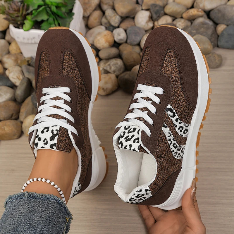Fashion Leopard Print Pink Sneakers Women 2026 Spring Non Slip Platform Sneakers Woman Comfortable Lace Up Sport Shoes Plus Size
