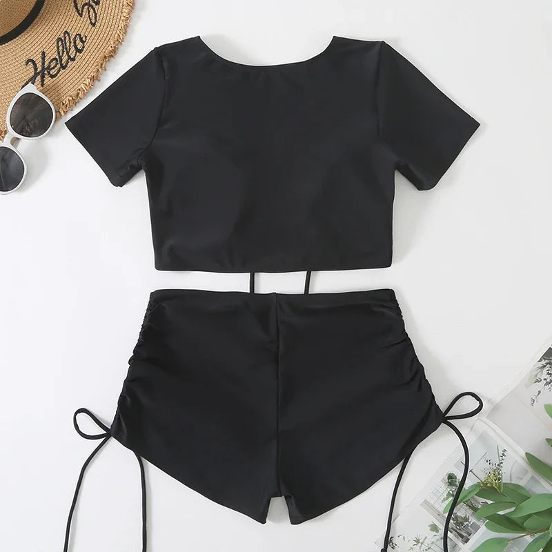 Black Drawstring Swimwear Bikinis Sets Mujer 2026 Crop Top Shorts Bottom Swimsuit Women Sexy Bathing Suit Beachwear Bikini Swim