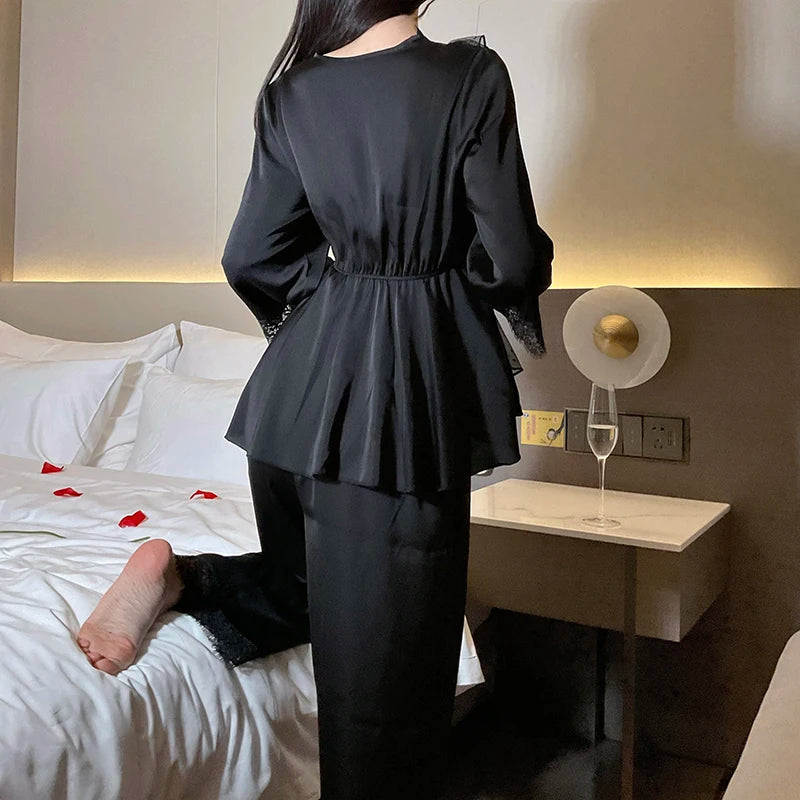 Women's Lace Satin Home Sleepwear Set Deep V Sweet Lace Top and Pants Two Pieces of Home Clothes Big Size White Black Purple