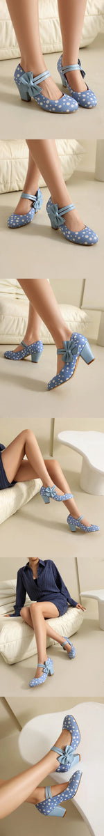 Plus Size 33-48 Sweet Polka Dot Mary Jane Heels Shoes Women Pink Blue Side Bow Tie Round Toe Chunky Block Heel Cute Lolita Pumps