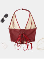 Pure Color Fishbone Shapewear Top Women's PU Leather Neck Buttoned Vest Market Style Underwear And Clothing