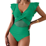 2026 Solid Women's Swimsuit Trend Tummy Control V Neck Sexy Black Bikini Ruched Bathing Suits Slim Fit Ruffle Sleeve Swimwear