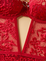Women Lace Bodysuit Female Underwear Floral Embroidery Heart Shaped Ornament Design Bodycon