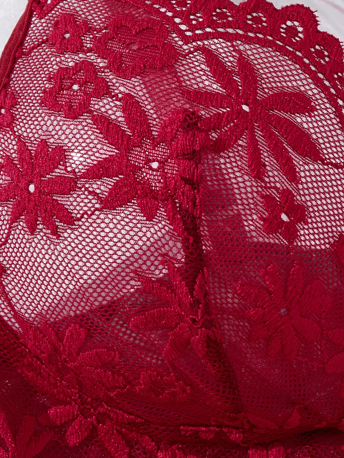 Deep V netted embroidered nightgown and thong set. Red lace strapless sexy women's homewear. ZA825096