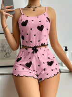 Sweet Heart Print Pajama Set for Women Cute Sleeveless Cami Top and Ruffle Shorts Soft Ribbed Knit Loungewear Adorable Pjs