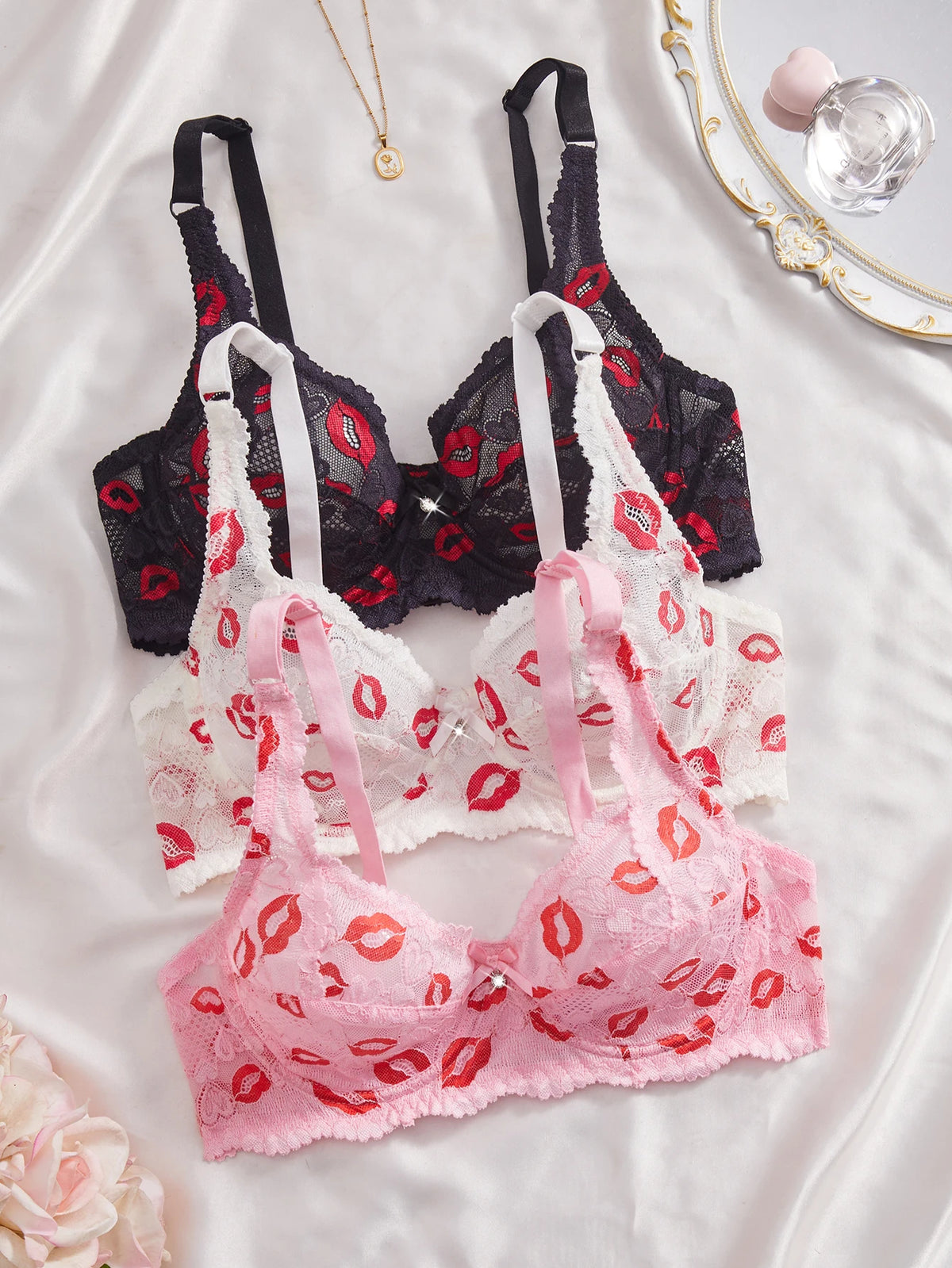3PCS Sexy Lace Lip Print Women Lingerie Set Hollow Out Mesh Unlined Underwire Bra Bow & Rhinestone Sexy Bras