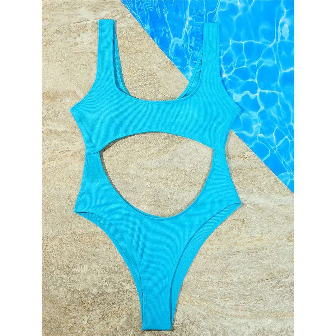 Sexy Tummy Cut Out Ribbed Backless One Piece Swimsuit Women Swimwear Female High Leg Cut Padded Bather Bathing Suit Swim K5263