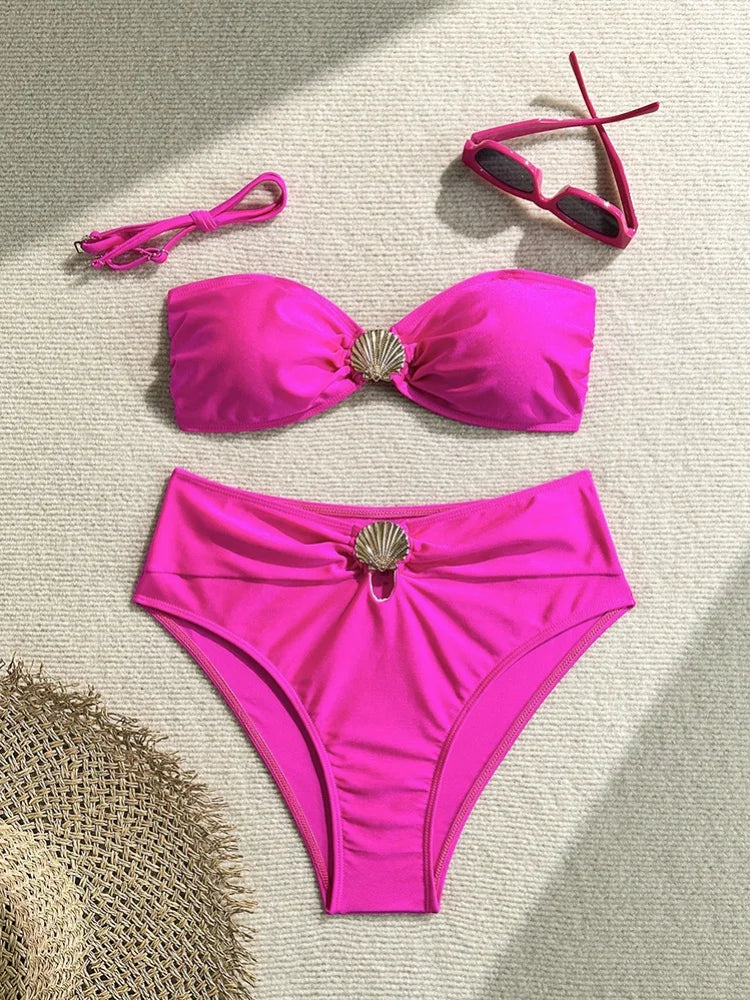 Sexy Metal Shell High Waist Bikini Set Women Black Coffee Pleate Push Up Two Piece Swimsuit 2026 Holiday Bathing Suit Swimwear