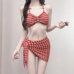 Elegant Black White Stripe Three Piece Swimsuit Set with Halter Buckle Top Wrap Skirt Modest Swimwear for Beach Pool Vacation
