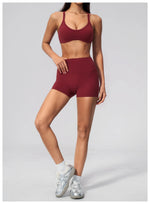 2 Piece Summer Yoga Sets for Women Hollow Back Cross Sports Bra Fitness Clothes Tight High Waist Shorts Running Workout Clothes