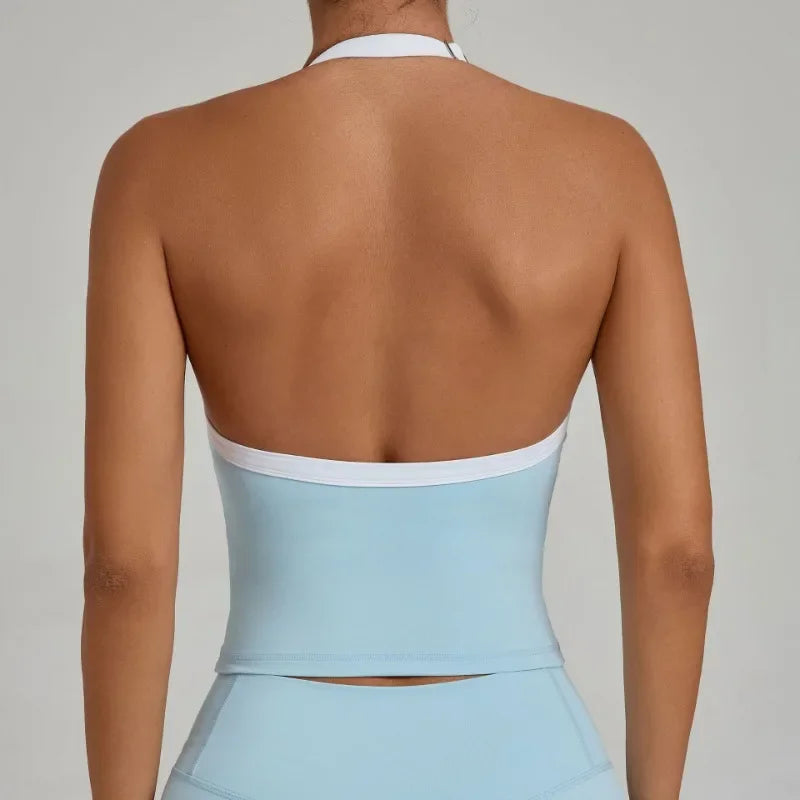 Women's Seamless Yoga Tank Top - Adjustable HALTER Neck & Quick-Dry Fitness Shirt Color Block Running Sports Gym Workout Top