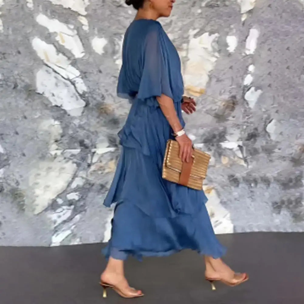 Women's Flowy Chiffon Wedding Guest Dress Ruffle Half Sleeve Empire Waist Ruched Wrap Dress V Neck Tiered Swing Dresses