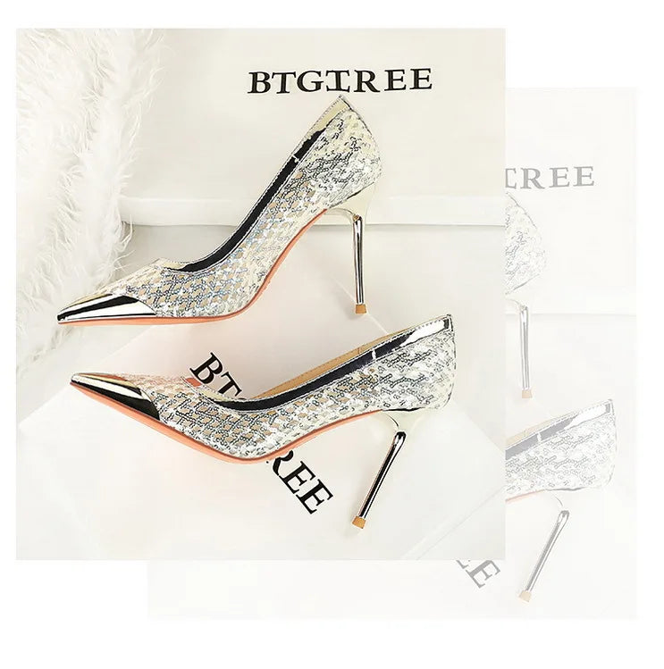 BIGTREE 2026 Fashion Metal Decoration Mesh Hollow Pointed Toe Woman Pumps Thin Heels Party Ladies Shoes Zapatillas De Mujer