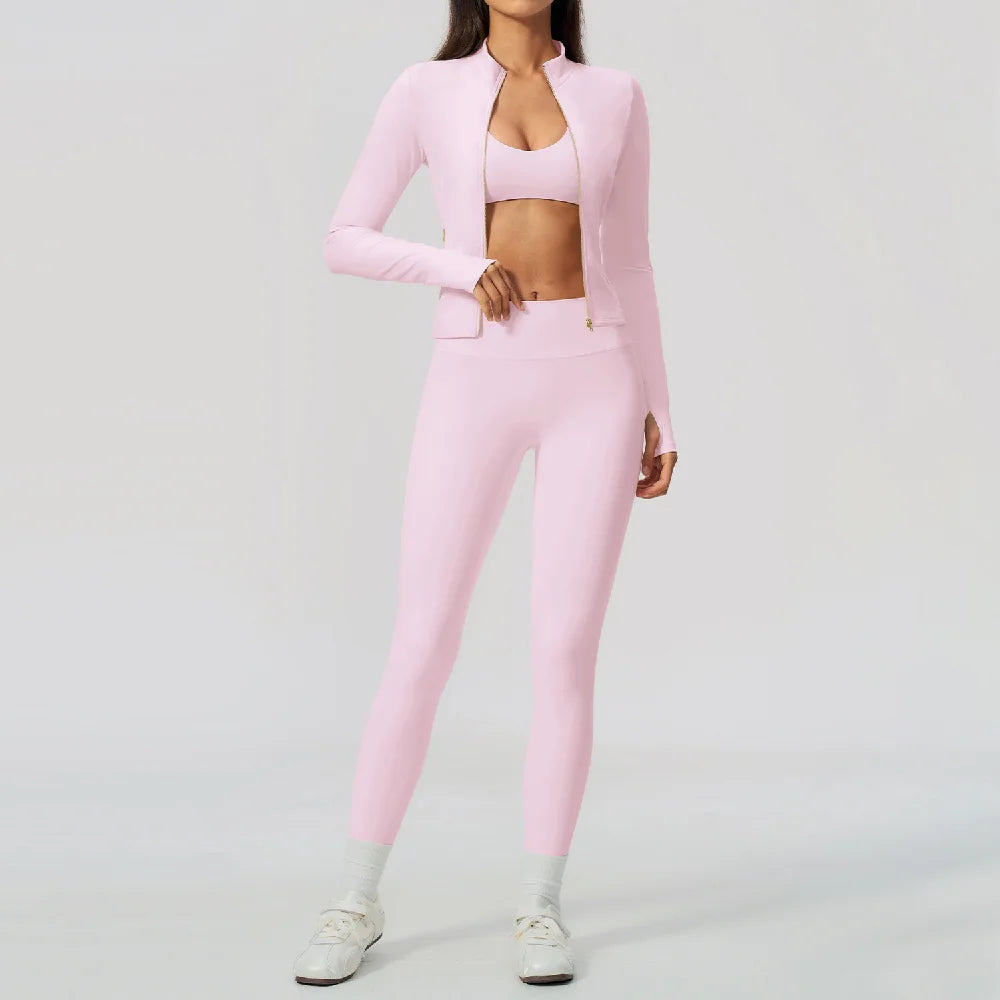 Yoga Set 3PCS Women's Tracksuit Workout Outfit Zipper Fitness Long Sleeved Sportswear Gym Clothes Female Sports Bra Yoga Clothes