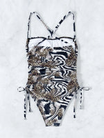 Sexy Leopard Swimwear Women Bandeau One Piece Swimsuit Beach Wear Drawstring Criss Cross Swimming Bathing Suit Bodysuit Monokini
