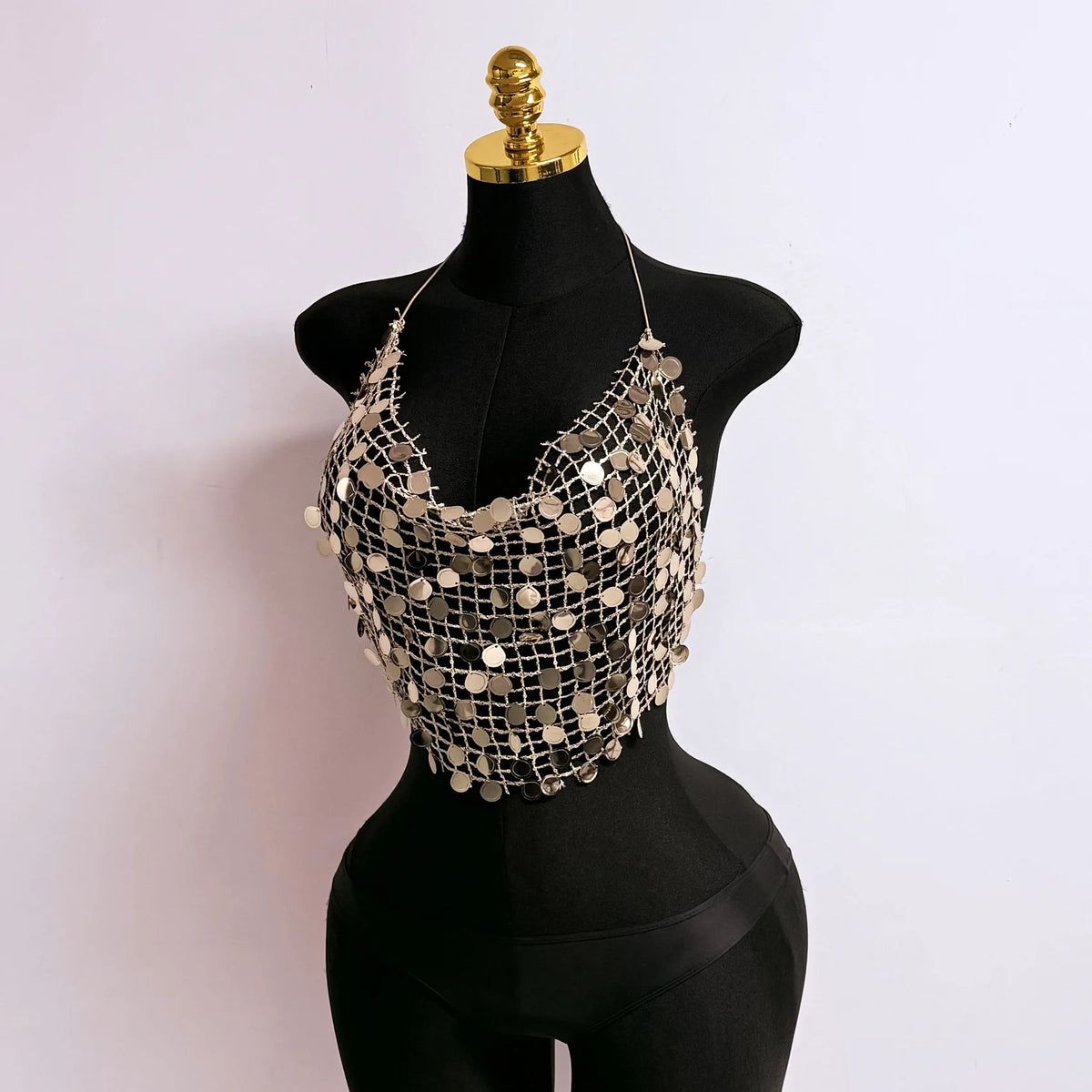 Women's Sequin Halter Tops Fashionable Sleeveless V Neck Open Back Crop Vest for Dance Disco Club Daily Wear