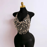 Women's Sequin Halter Tops Fashionable Sleeveless V Neck Open Back Crop Vest for Dance Disco Club Daily Wear